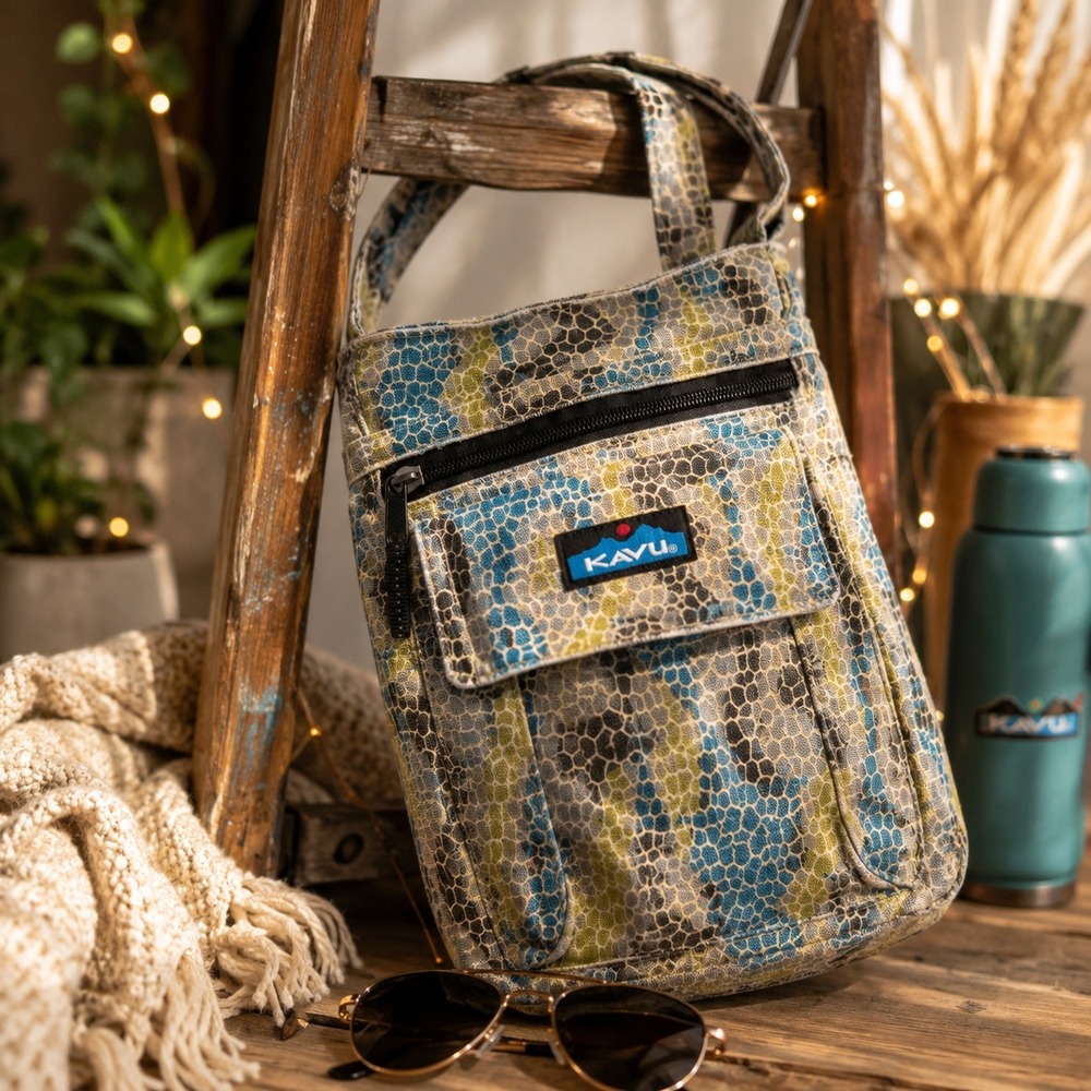 KAVU Mini Keeper Giraffe Mosaic Crossbody Bag Teal Lime Charcoal Canvas Boho